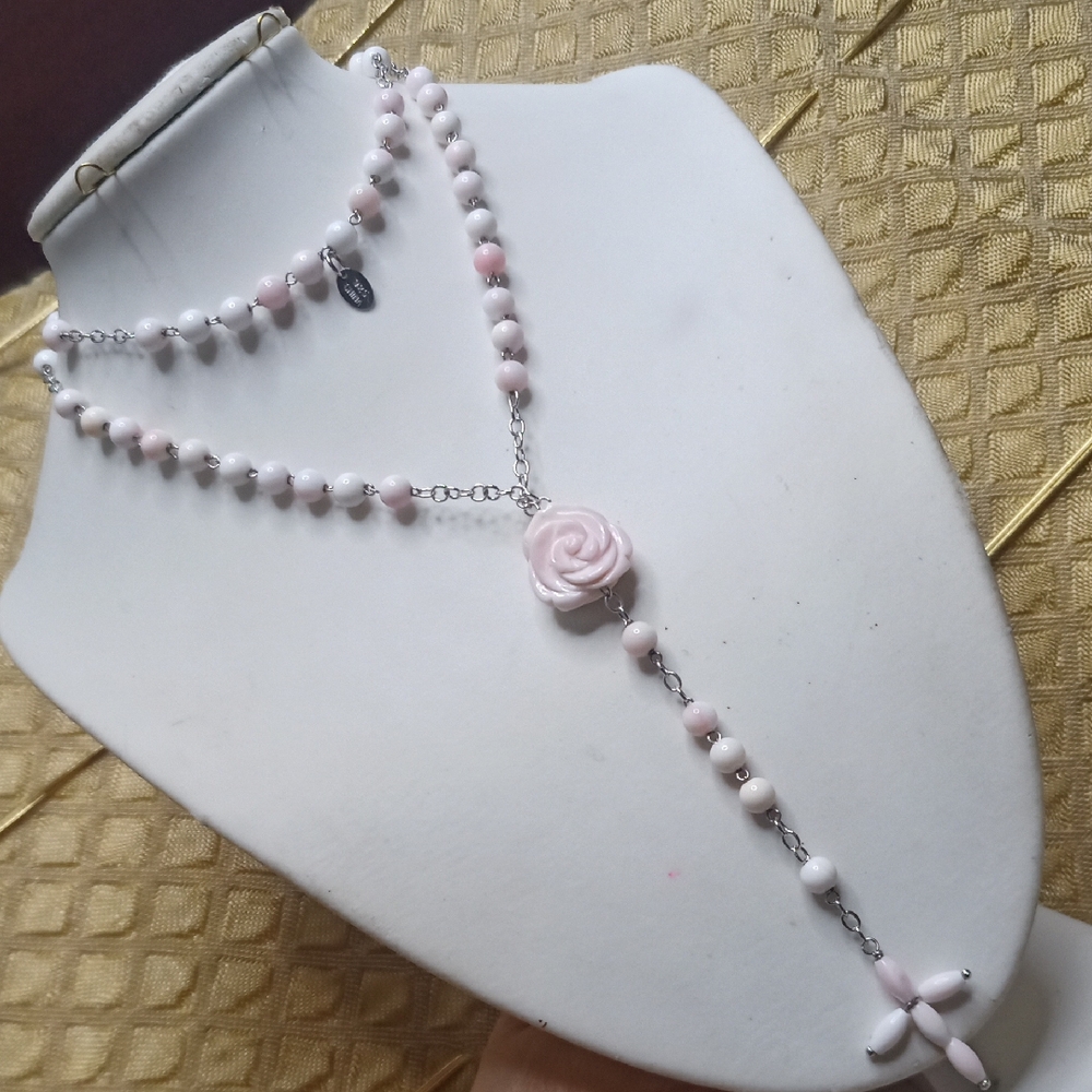 Vintage Angel Skin Coral Carved Rose Rosary Necklace